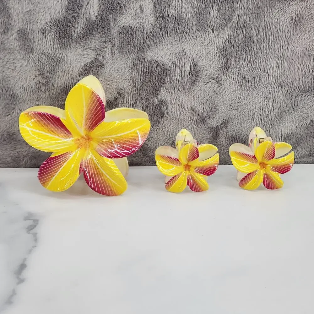 3 pc Hawaiian Flower Claw Clips Hair Accessories - Yellow and Maroon